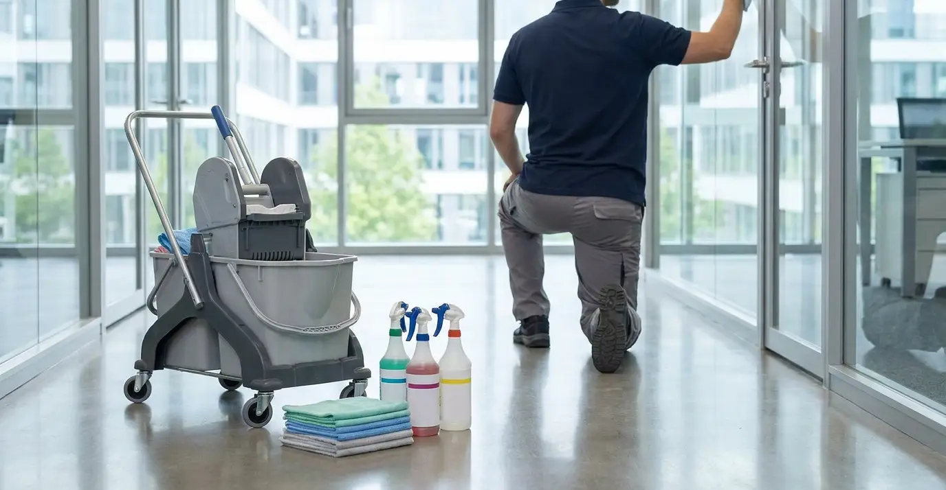 Agent d’entretien avec chariot de ménage dans des bureaux professionnels