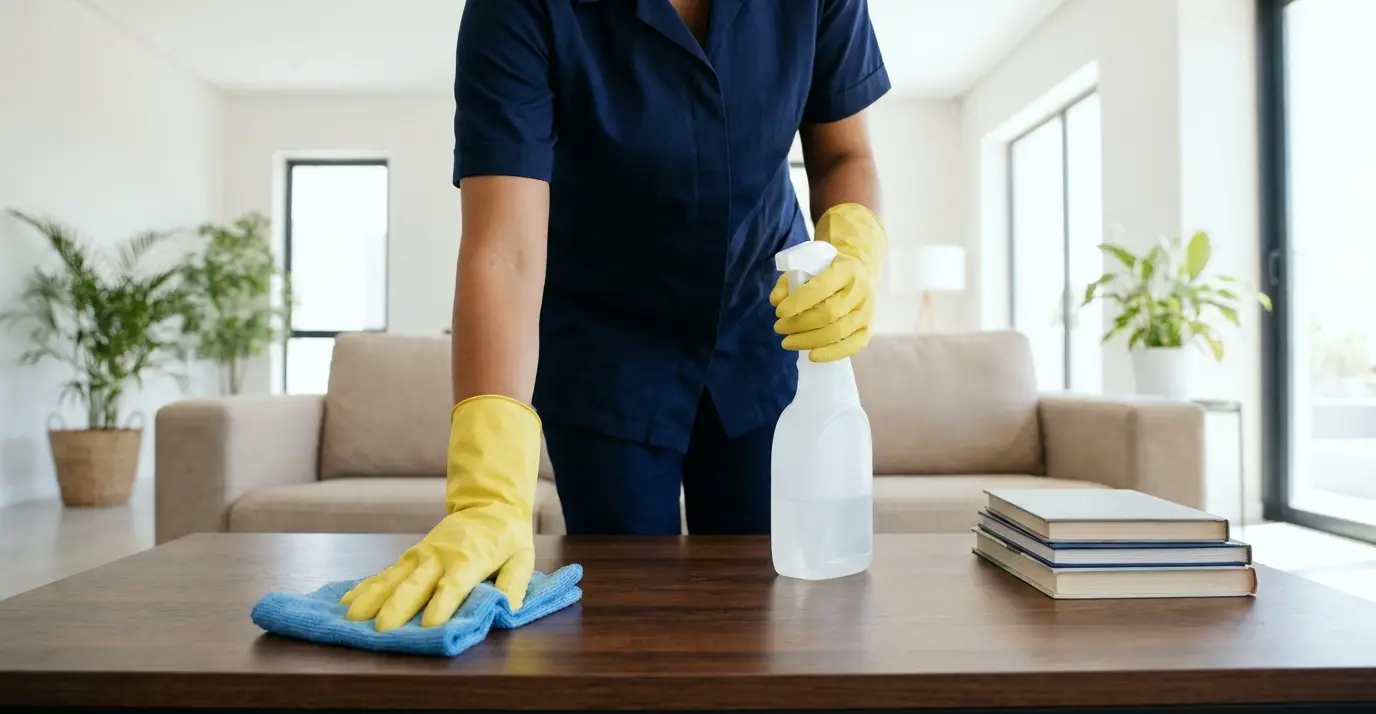 Agent d’entretien nettoyant une table de salon avec un spray et une microfibre